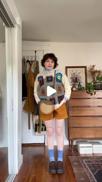 jacqui on Instagram: "pov u want it to be shorts weather but it’s still a little chilly outside 
details: 
sweater: vintage thrift 
top: sezane*
shorts: big bud press 
shoes: alohas svegan loafers* 
socks: old hand me downs i rit-dyed 
bag: thrifted gift
*pr" Sezane Shorts, Hand Me Downs, Loafers And Socks, Big Bud Press, Vintage Thrift, Old Hands, Sweater Vintage, New Look, The Outsiders