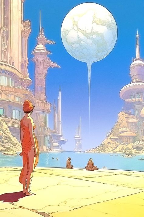 Moebius Art, Graphic Novel Illustration, Space Fantasy, Fantasy Drawings, Writing Art, Watercolor Landscape Paintings, Fantasy Concept Art, Futuristic Architecture, Retro Futurism