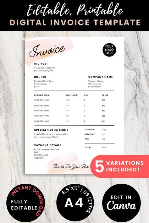 Easy to edit digital templates for small business owners: ✔️1 Base Invoice Template Design ✔️ 4 BONUS Invoice Template Variations 8.5"x11" (US Letter size) *Share digital copy with clients or print* INVOICE Template | Printable Invoice | Photography Invoice | Canva Template | Custom Order Forms | Editable Billing Form | Order Form | Minimalist Invoice | Invoice Template Download | Florist Invoice | Bakery Invoice | Makeup Artist Invoice | Billing Invoice | Bill Template Small Business Printables, Photography Invoice Template, Photography Invoice, Invoice Design Template, Printable Invoice, Bill Template, Business Printables, Invoice Design, Order Form Template