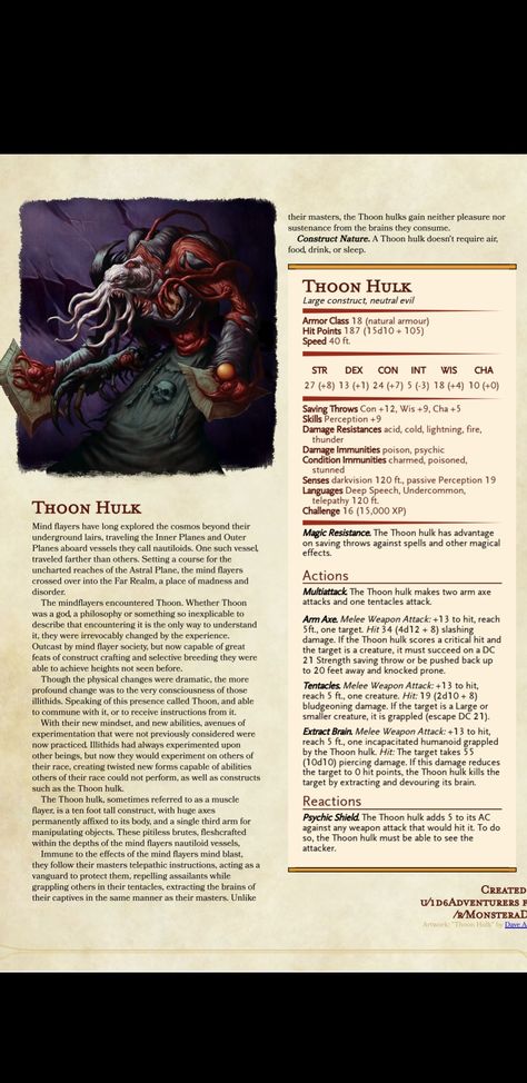 5e Constructs, Dnd Mind Flayer, Dnd Underdark, 5e Monsters, Dnd Monster, Dnd Stats, Dnd Homebrew, Dnd Campaign, Mythical Monsters