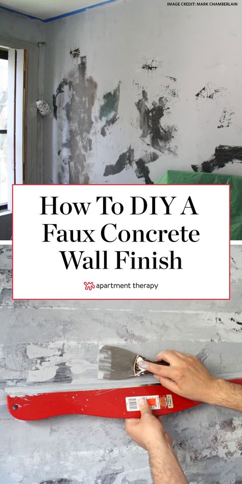 Here's how to DIY your own faux concrete wall finish, using only paint! #wallpaint #paintideas #livingroomideas #statementwall #fauxfinish #fauxconcrete #concretewall #industrialdecor #moderndecor #paintideas #texturedwall Fake Concrete Wall, Concrete Wall Finish, Concrete Walls Diy, Diy Wall Painting Techniques, Faux Finishes For Walls, Painting Concrete Walls, Glitter Accent Wall, Wash Walls, Faux Concrete Wall