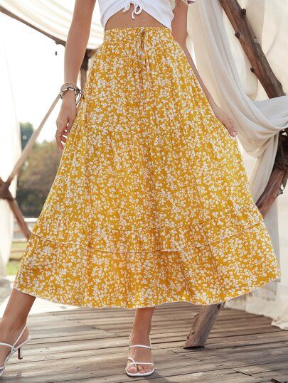 Ditsy Floral Ruffle Hem Skirt | SHEIN USA Flower Skirt Outfit, Floral Maxi Skirt Outfit, Yellow Skirt Outfits, Yellow Floral Skirt, Yellow Clothes, Ruffle Hem Skirt, Maxi Rok, Maxi Skirt Outfits, Rock Outfit