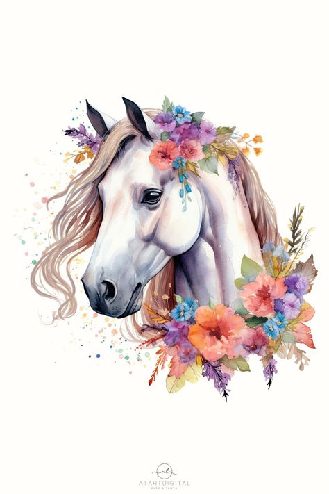 Animals With Flowers Art, Horses Illustration, Horse And Flowers, Horse With Flowers, Horse Flower, Farm Animal Paintings, Floral Farm, Horse Tattoo Design, Horse Watercolor