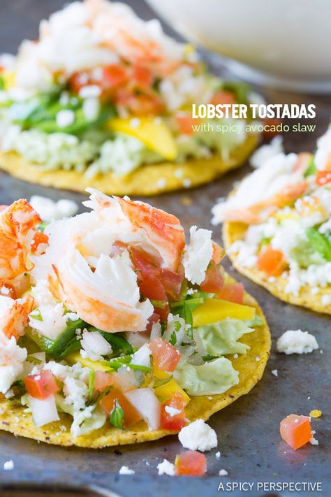 The Best Lobster Tostadas Recipe on ASpicyPerspective.com #lobster #mexican Lobster Tostadas, Avocado Slaw, Tostadas Recipe, Mango Slices, Fresh Lobster, A Spicy Perspective, Summer Meal, Lobster Recipes, Avocado Recipes