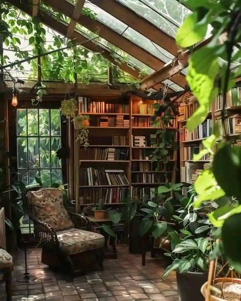 Botanical Academia Aesthetic, Goblincore Library, Dark Academia Greenhouse, Cottage Library Aesthetic, Green House Library, Rainy Greenhouse, Greenhouse Room In House, Library With Plants, Cozy Library Aesthetic