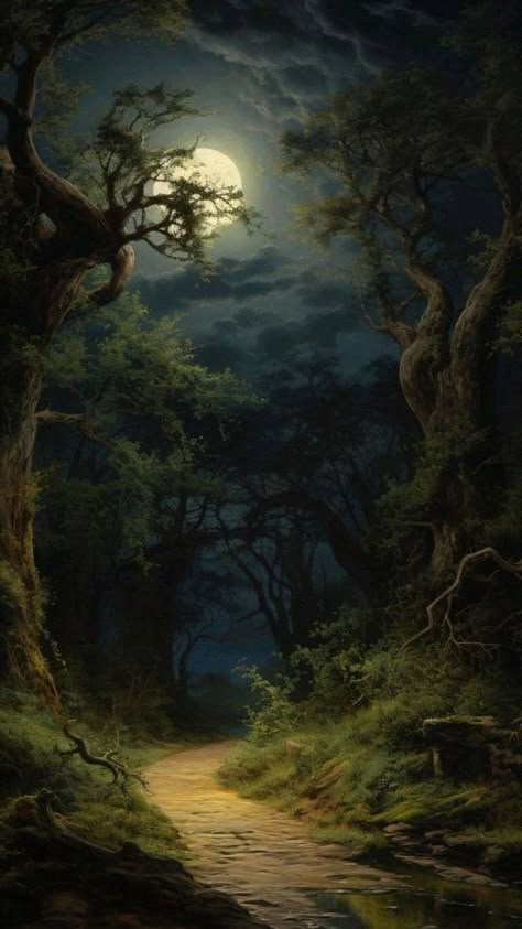 Wald Wallpaper, Night Forest, Forest Path, Night Scenery, Fantasy Places, Beautiful Locations Nature, Beautiful Dark Art, Beautiful Moon, Fantasy Art Landscapes