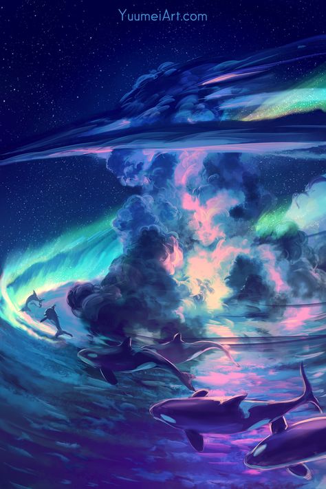 ArtStation - Night Flight, (Yuumei) Wenqing Yan Wenqing Yan, Yuumei Art, Relaxing Night, Art 2023, Night Flight, Sky Wallpaper, Night Scenery, Into The Night, Anime Drawing