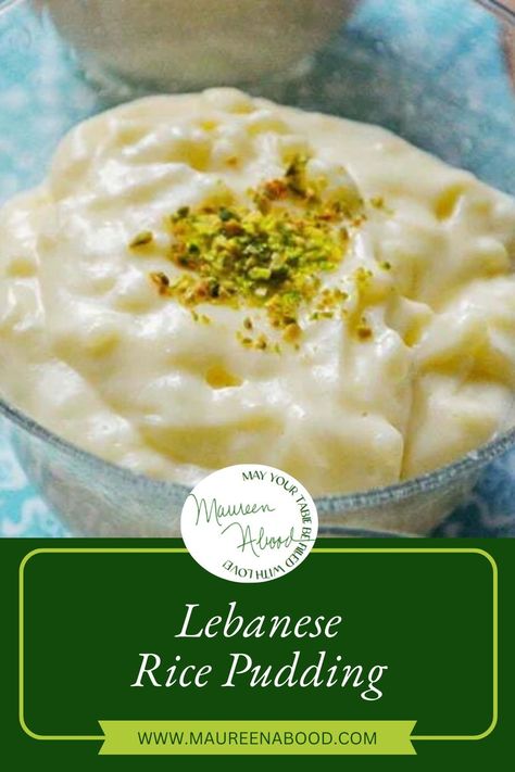 Soothe your senses with this creamy Lebanese rice pudding, infused with orange blossom. This comforting dessert is easy to make and full of delicate flavors. Perfect for a calming and delicious treat! Lebanese Rice Pudding, Lebanese Baklava Recipe, Lebanese Rice Recipe, Lebanese Desserts Recipes, Pistachio Recipes Desserts, Lebanese Rice, Lebanese Desserts, Pistachio Dessert, Rice Pudding Recipe