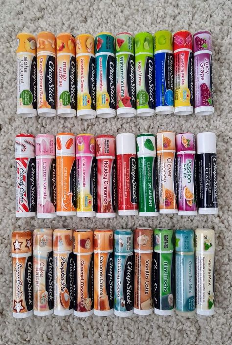 Chapstick Aesthetic Collection, Chapstick Flavors, Cute Chapstick, Chapstick Collection, Chap Sticks, Lips Essentials, Chapstick Lip Balm, Cute Nail Polish, Lip Balm Collection