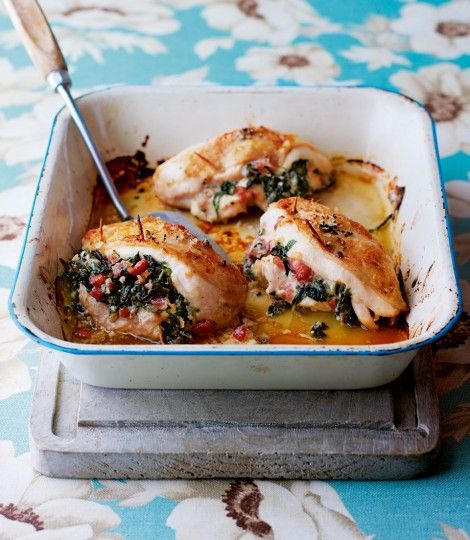 Roast Chicken Stuffed with Spinach and Pancetta Chicken Stuffed With Spinach, Fresh Spinach Recipes, Chicken With Spinach, Pancetta Recipes, Chicken Stuffed, Delicious Magazine, Spinach Recipes, Poultry Recipes, Meat Dishes