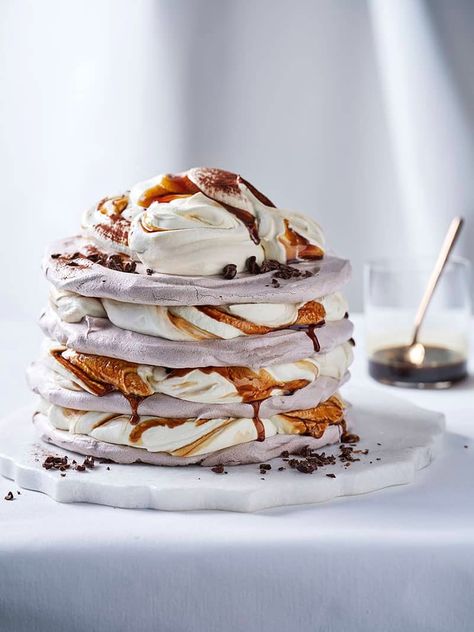 Tiramisu Layered Pavlova Recipe from MiNDFOOD Hazelnut Pavlova, Layered Pavlova, Australian Desserts, Homemade Bakery, Chocolate Covered Coffee Beans, Kitchen Aid Recipes, Dutch Cocoa, Mini Bagels, Pavlova Recipe