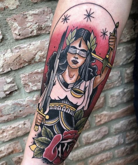 Lady Justice Traditional Tattoo, Traditional Lady Justice Tattoo, Lady Justice Tattoo, Traditional Tattoo Man, Justice Tattoo, Kali Tattoo, Arm Tattoos Drawing, Crow Tattoo Design, Skull Girl Tattoo