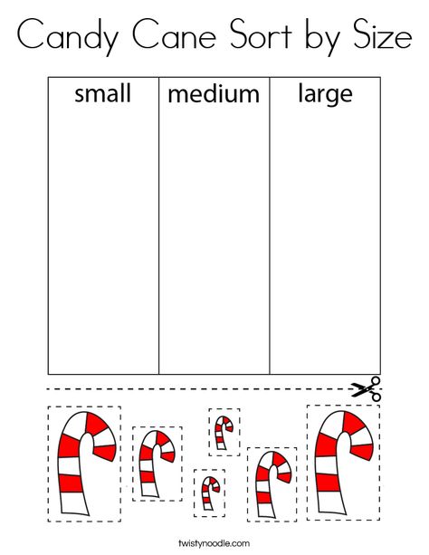 Candy Cane Sort by Size Coloring Page - Twisty Noodle Candy Cane Math Preschool, Candy Cane Fine Motor Activities, Candy Cane Art Preschool, Candy Cane Preschool Craft, Preschool Candy Cane Activities, Candy Cane Preschool Activities, Candy Cane Activities For Preschool, Candy Cane Printable, December Lesson Plans