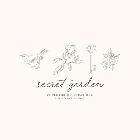 emmawebbdigital - Etsy UK The Secret Garden Tattoo, The Secret Garden Illustration, Secret Garden Tattoo, Secret Garden Illustration, Secret Garden Key, Black Pngs, Social Media Advert, Garden Illustrations, Crafting Gifts