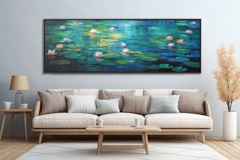 Abstract Botanical Lotus Painting | Horizontal Panoramic Prints | Minimalist Modern Mid Century Painting Horizontal, Horizontal Painting, Long Painting, Lotus Painting, Painting Background, Scenery Paintings, Abstract Botanical, Lotus Flowers, Modern Mid Century