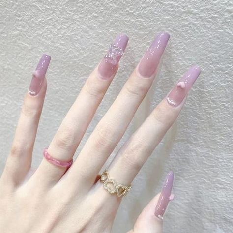 Light pink purple gradient bear heart pearl ballet long trapezoidal false nails (Light pink purple gradient bear heart pearl)¡­ Fake Nails White, Manikur Kuku, Manicure Diy, Nail Type, Nagel Tips, Fake Nails With Glue, Nail Length, Nail Art Supplies, Hot Nails