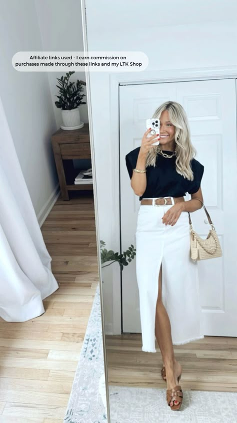 White Denim Skirt Outfit, Mid Skirt Outfits, Preppy Work Outfit, Mid 30s, Fitted Denim Skirt, Skirt Outfit Summer, Elegant Classy Outfits, Casual Work Outfits Women, Denim Skirt Outfits