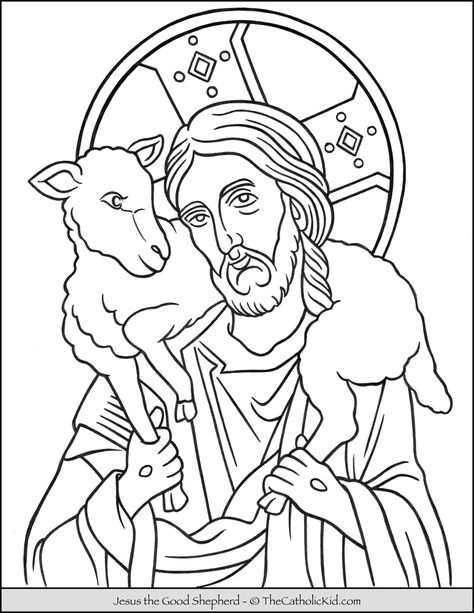 Jesus the Good Shepherd Coloring Page - TheCatholicKid.com Good Shepherd Coloring Page, Shepherd Coloring Page, Catholic Church Stained Glass, Jesus Art Drawing, Good Shepard, Catholic Symbols, Jesus Coloring Pages, Church Icon, Jesus Drawings