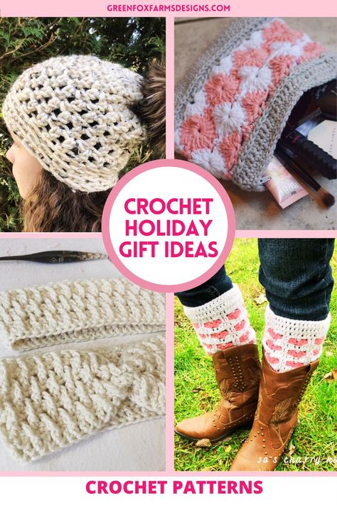 Four crochet creations arranged in a collage: a cream crochet hat with a fluffy pom-pom, a gray and coral puff stitch zipper pouch with makeup inside, two cream twisted crochet ear warmers, and white boot cuffs with pink braided accents worn with brown boots. Pink text reads “CROCHET HOLIDAY GIFT IDEAS” and “CROCHET PATTERNS.” Last Minute Crochet Gifts, Crochet Holiday Gifts, Crochet Gift Ideas, College Girl Gifts, Super Scarf, Unicorn Coffee, Gift Ideas For Friends, Crochet Christmas Gifts, Ribbed Scarf