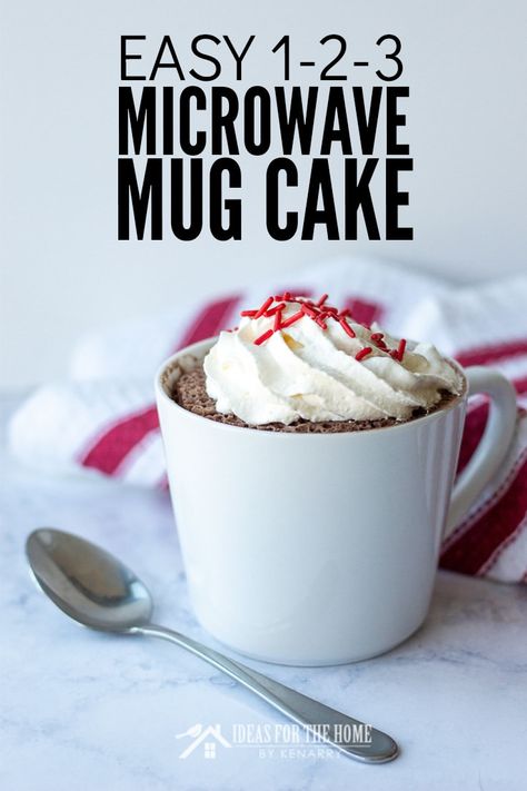 Need to satisfy your sweet tooth? Try this easy 1-2-3 Mug Cake, a single-serving warm dessert, you just microwave in a cup for a minute. It's delicious, quick and uses cake mix! #cakerecipe #chocolatecake #kenarry #ideasforthehome 1 2 3 Mug Cake Recipes, 3 2 1 Cake In A Mug, Weight Watchers 3 2 1 Mug Cake, Cupcake In A Cup Microwave, Easy Cake In A Cup Recipe, Cake In A Mug Gift Ideas, Cake Mix In A Cup Microwave, Single Serve Cake In A Cup, 1 2 3 Cake Recipe