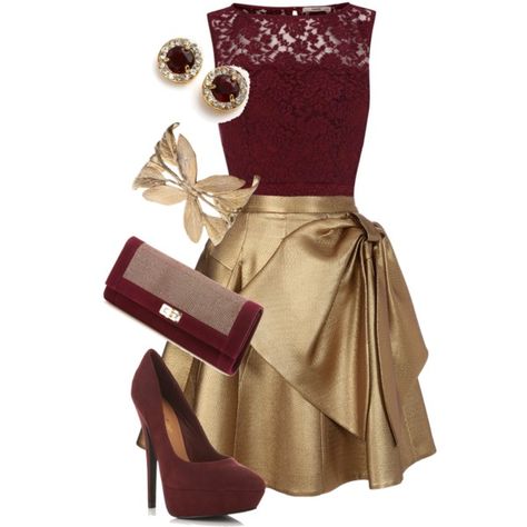 "Maroon and Gold,  I never knew these colors looked so well together.  This is a great holiday outfit. Winter Party Outfit, Gold Outfit, New Years Outfit, New Years Eve Dresses, Eve Dresses, Pretty Designs, Christmas Fashion, Mode Inspiration, Polyvore Outfits