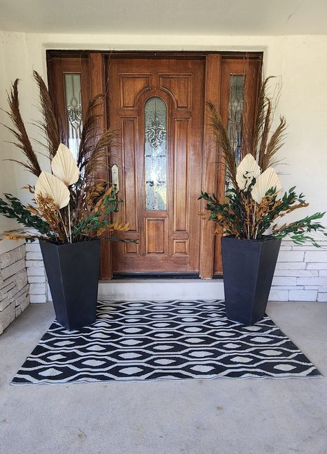 Fall 2023 Front Porch, Faux Fall Flowers For Porch, August Front Porch Decorating Ideas, Fall Football Front Porch Decor, Fall Faux Planters Front Porches, Fall Flower Pots Front Porches, Fall Entryway Decor Outdoor, Fall Planters Front Porches, Fall Potted Plants