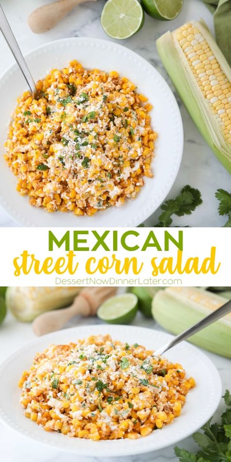 Mexican Street Corn Salad is easy, creamy, and packed with flavor! Your favorite roasted Mexican street corn (Elote) is cut off the cob to make Esquites. Elote Salad Canned Corn, Walking Taco Bar Party Sides, Camping Buffet Ideas, Street Corn Crockpot Recipe, Bible Study Food Ideas Recipes, Mexican Street Corn With Canned Corn, Real Mexican Food Recipes Homemade, Mexican Side Dishes Easy Healthy, Easy Pool Day Food