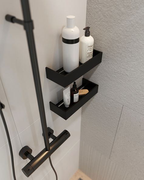 Design project Sand on Behance Shampoo Space In Bathroom, Black Bathroom Fittings Interior Design, Bathroom Rack Organization, Bathroom Racks Ideas Shelves, Shower Shelves Ideas, Black And Tan Bathroom, Bathroom Toilet Paper Storage, Bathroom Shower Shelves, Bath Shelves