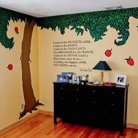 Shel Silverstein's Giving tree + Listen to the mustn'ts poem from Where the Sidewalk Ends Tree Mural Nursery, The Giving Tree, Tree Mural, Nursery Style, Nursery Mural, Shel Silverstein, Bedroom Murals, Play Spaces, Child's Room