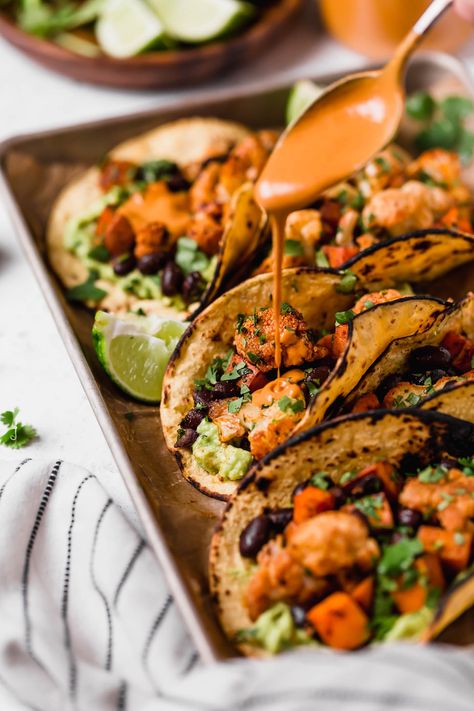 Vegan Sweet Potato Black Bean Tacos, Roasted Sweet Potato Tacos, Cauliflower Sweet Potato Tacos, Vegetarian Taco Filling, Veggie Tacos Recipes, Cashew Crema, Sweet Potato Cauliflower, Roasted Cauliflower Tacos, Easy Roasted Cauliflower