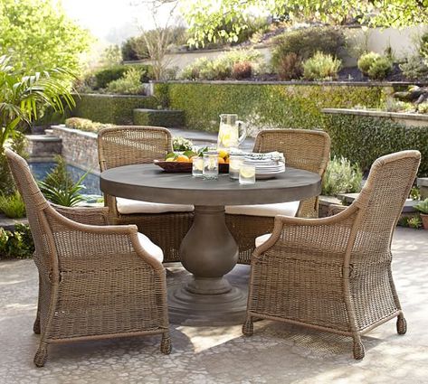 Geneva Pedestal Table & Saybrook Chair Dining Set | Pottery Barn Wicker Porch Furniture, Office Waiting Room Chairs, Aesthetic Header, Wicker Dining Chairs, Porch Furniture, Garden Table And Chairs, Wicker Decor, Square Dining Tables, Dining Arm Chair