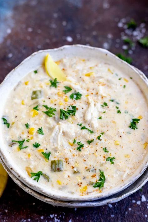 Crab and Corn Chowder Crab Corn Chowder Recipe, Crab Corn Chowder, Crab And Corn Bisque, Crab And Corn Soup, Crab Chowder Recipes, Crab And Corn Chowder, Crab And Corn, Crab Chowder, Creamy Crab