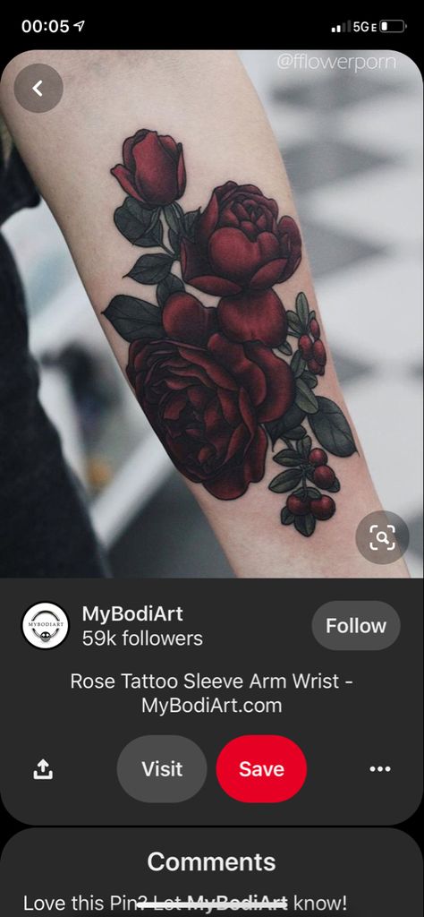 Deep Red Flower Tattoo, Dark Red Flower Tattoo, Burgundy Flower Tattoo, Burgundy Tattoo, Red Flower Tattoos, Ivy Tattoo, Red Rose Tattoo, Dark Red Roses, Peonies Tattoo