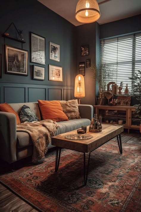 Bedroom Transitional, Moody Living Room, Grey Couch Living Room, Dark Living Rooms, Casa Country, Retro Living Rooms, Bed Design Modern, Corner Sofa Set, Living Room Sofa Design