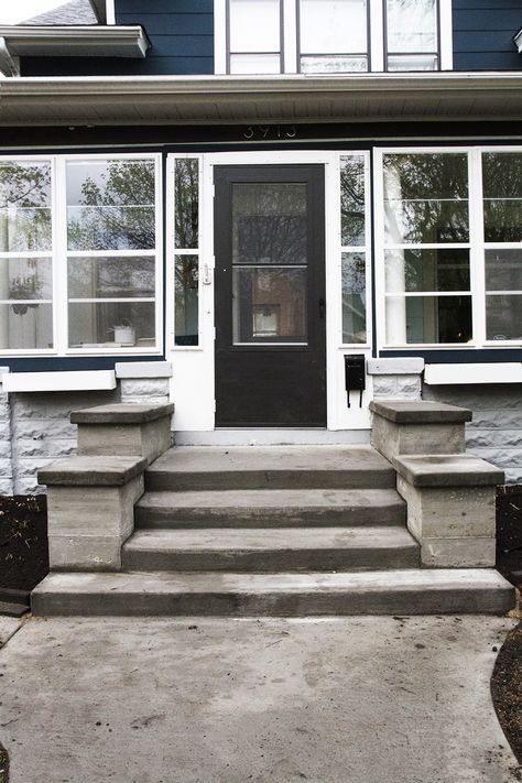 Concrete Front Stoop | Deuce Cities Henhouse Outdoor Steps Ideas, Front Yard Walkway Ideas, Yard Walkway Ideas, Front Porch Stone Steps, Concrete Front Steps, Walkway Designs, Front Porch Stone, Concrete Front Porch, Front Yard Walkway