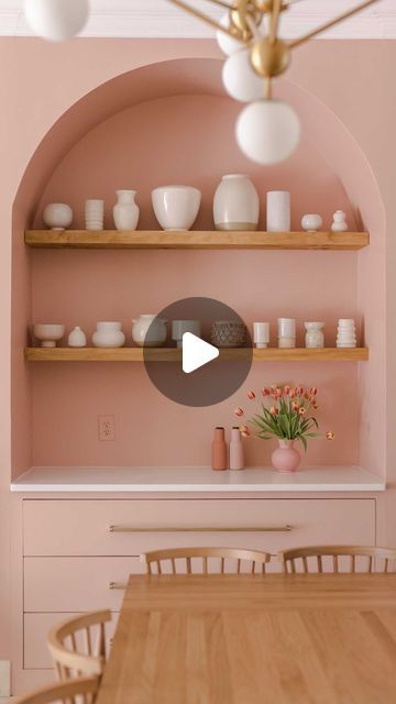 Elsie + Emma A Beautiful Mess on Instagram: "Our dining room nook renovation is complete! First, the existing stone counter was taken out and replaced — it was placed at a very interesting height and made the rest of the room look like dollhouse furniture! — then we opted for some open shelving and an arch feature. So happy with how it turned out. 🥰 The paint color is Meet Cute by @clarepaint !" Dining Nook Shelves, White Wall Shelves Dining, Dining Room Nook, Room Nook, Stone Counter, Meet Cute, Stone Counters, Wall Opening, A Beautiful Mess