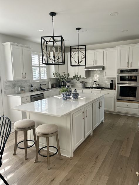 White Grey Kitchen Ideas, White Cabinet Gray Island, White Kitchen Gray Island Dark Floors, Gray Kit Hen Island With Seating, Kitchens With Islands, Kitchen Layout Ideas, White Kitchen Silver Pendant Lights, Stylish Kitchen Design, Kitchen Addition