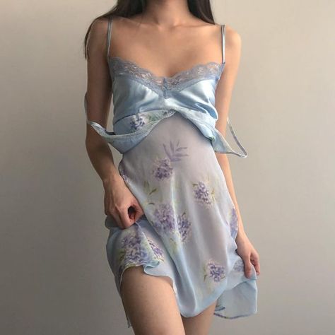 Petite Delicates on Instagram: "🌷 Two Layer Blue Floral Slip 🌷 Be aware this is sheer on the bottom! Brand: Secret Treasures Date of Release: ~2000s Size S Bust: 25”+ Length: 31”+ 🏷 $80 + shipping 📥 DM to purchase" Blue Satin Slip Dress, Slip Dress Outfit, Sheer Slip Dress, Sleep Clothes, Vintage Fairy, Lingerie Inspiration, Coquette Y2k, Y2k Depop, Mini Slip