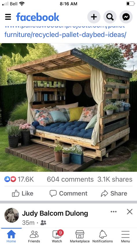 Daybed Outdoor, Pallet Daybed, Outdoor Pallet, Recycled Pallet, Pallet Outdoor, Wood Pallet Projects, Reading Corner, Recycled Furniture, Pallet Projects