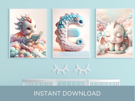 Set of 3 Dragons Baby Nursery Print Wall Arts Decorating Letter Decor Dragon Play Room Printables Baby Boy Wall Hangings Initial Letter E - Etsy Australia Enchanting Nursery, Baby Nursery Prints, Baby Dragons, Letter Decor, Dragon Scales, Pastel Colour Palette, Pastel Palette, Letter E, Baby Dragon