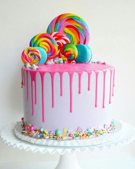 Elevate Your Cake Decorating Game Candy Theme Cake Birthday, Bright Colored Birthday Cake, Bolo Candy Color, Lollipop Cake Birthday, Candy Land Cake Ideas, Candy Topped Cake, Colorful Cakes Birthday, Candy Cake Ideas Birthday, Colorful Candy Cake