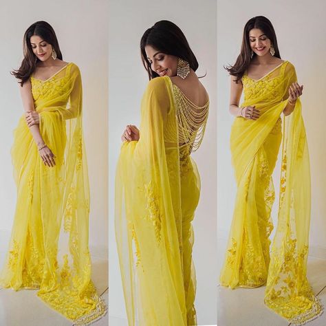 Designer Yellow Saree, Haldi Outfits Saree, Haldi Saree Outfit, Saree For Dusky Skin Tone, Haldi Saree Look, Haldi Saree Indian Bridal, Yellow Saree Look, Saree For Haldi, Haldi Saree