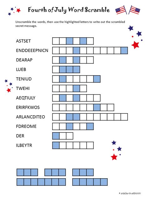 printable fourth of july word scrambles | message for extra fun the message is scrambled as well Usa Activities, Work Engagement, Patriotic Words, July Activities, Dots And Boxes, Unscramble Words, 4th Of July Games, Free Printable Puzzles, Rock Club