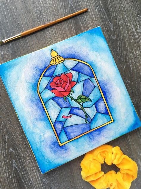 Disney Watercolour Painting, Beauty And The Beast Rose Painting, Princess Painting Canvas, Easy Trippy Painting Ideas, Painting Ideas Canvases Easy, Beauty And The Beast Painting, Rose Canvas Painting, Scissor Tattoo, Painting For Beginners Acrylic