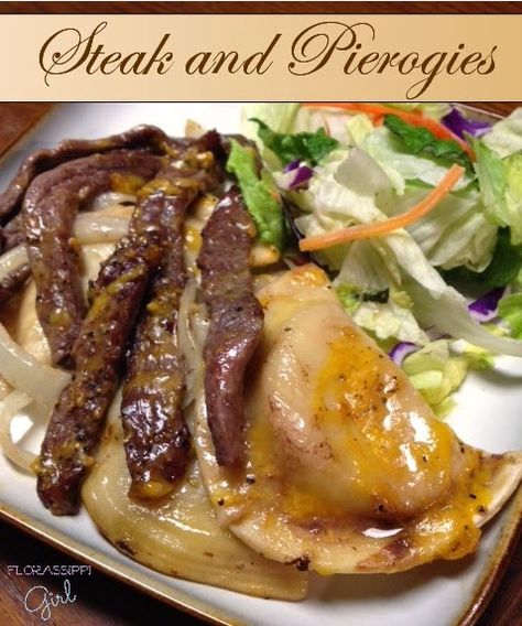 Florassippi Girl: Steak and Pierogies - A TASTY & budget friendly recipe with everything you love about the flavors of Steak and Potatoes! YUM! Steak And Perogies, What To Make With Perogies, Pierogi Dinner Ideas, Pierogi Recipes, Raw Steak, Frozen Pierogies, Perogies Recipe, Steak And Potatoes, Pierogi Recipe