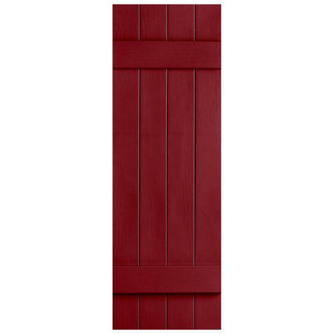 Severe Weather 2-Pack Cranberry Board and Batten Vinyl Exterior Shutters (Common: 14-in x 31-in; Actual: 14.31-in x 31-in) Green Exterior Homes, Barn Door Shutters, Red Shutters, Board And Batten Exterior, Blue Front Door, Vinyl Shutters, Board And Batten Shutters, Backyard Views, Vinyl Style