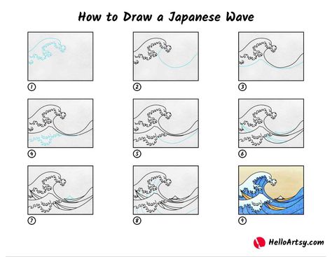 Drawing Waves Tutorial, The Great Wave Art Lesson For Kids, The Great Wave Art Project, The Great Wave Off Kanagawa Drawing, Tsunami Waves Drawing, The Great Wave Drawing, The Great Wave Art Lesson, Wave Japanese Art, How To Draw Japanese Waves