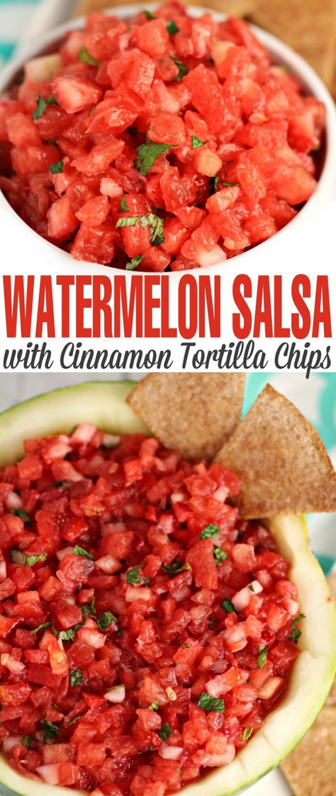 Watermelon Salsa with Cinnamon Tortilla Chips is a refreshing summer dessert or appetizer, perfect for serving at backyard parties. Packed with juicy watermelon, this salsa is a quick and easy summer appetizer the whole family will love! Watermelon Appetizer Ideas, Watermelon Dessert Ideas, Watermelon Dip, Watermelon Dessert, Summer Appetizers Easy, Watermelon Salsa, Cinnamon Tortilla Chips, Cheese Appetizer, Salsa Guacamole