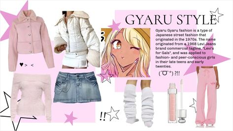 a Gyaru Style moodboard with warm white and pink jackets, a short denim skirt, leg warmers and lipgloss Gyaru Outfits Aesthetic, Gyaru Jeans Outfit, Gyaru Inspo Outfit, Gyaru Username Ideas, Gyaru Essentials, Where To Buy Gyaru Clothes, Gyaru Aesthetic Moodboard, Gyaru Styles List, Onee Gyaru Fashion