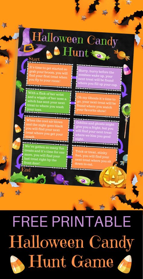 This free printable Halloween Candy Hunt is the perfect Halloween game to play this year! Your kids will have a blast solving the riddles and searching the house for their treats! #halloweenfun #activitiesforkids #halloween #halloweengame #freeprintable #halloweenprintable #happyhalloween Scavenger Hunt Puzzles, Halloween Candy Hunt, Halloween Crafts For Babies, Halloween Unit Study, Prize Games, Easy Halloween Crafts For Kids, Pumpkins Spice, Halloween Fun For Kids, Kids Halloween Crafts